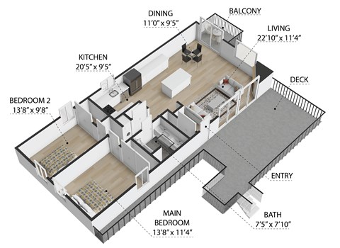 Floor plan for 2 beds, 1 bath, 1100 sqft
